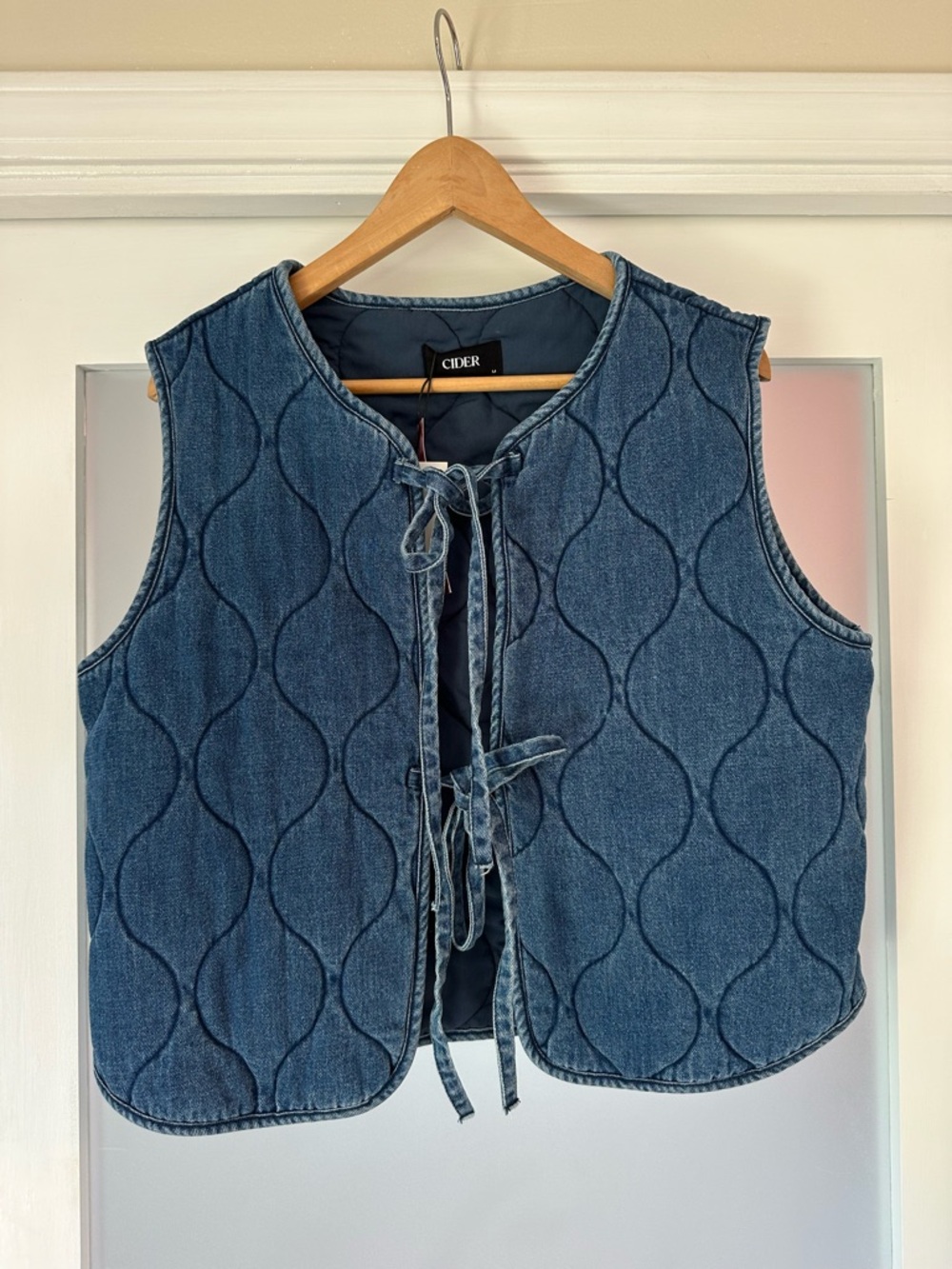 Cider Denim Quilted Tie-Front Vest in Blue